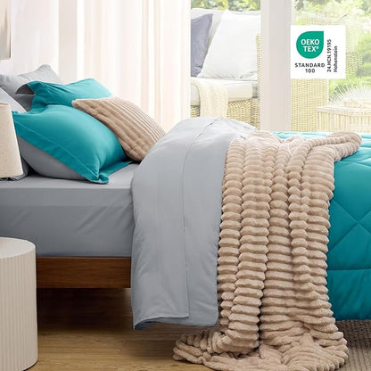 Bedsure Queen Comforter Set - 7 Pieces Reversible Teal Bedding, Queen Size Bed Set for All Seasons, Bed in a Bag with Down Alternative Comforter, Sheets, Pillowcases & Shams