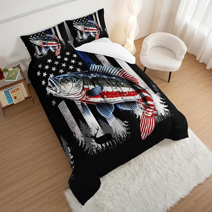 HOSIMA Soft Microfiber Black Queen Comforter Set with 2 Pillowcases,American Flag Striped Bass Pattern Bedding Sets,Fishing Comforter Kids Men Boys Room Decor,Bed in a Bag Queen Size for Teens.