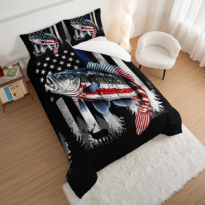 HOSIMA Soft Microfiber Black King Size Comforter Set with 2 Pillowcases,American Flag Striped Bass Pattern Bedding Sets,Fishing Comforter Kids Men Boys Room Decor,Room Essentials for Men.