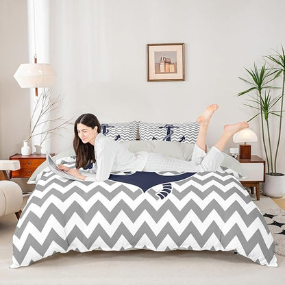 Gray Stripes Duvet Cover Sets King Size,Geometric Anchor Bedding Set 3pcs for Kids Boys Adults Room Decor,Nautical Adventure Style Comforter Cover Modern Abstract Quilt Cover,2 Pillowcases