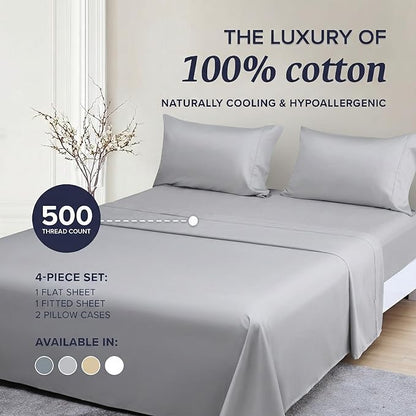 Beckham Hotel Collection King Sheet Set 100% Cotton, 500TC Luxury Sateen Bedding, 16” Deep Pocket, Moisture-Wicking, 4-Piece, Gray