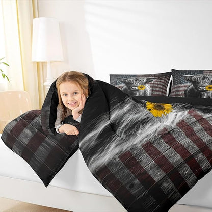 Feelyou Highland Cattle Bedding Set Sunflower Highland Cow Comforter Set for Kids Boys Girls America Flag Bull Comforter Animal Quilt Set 1 Comforter Set with 2 Pillowcases Queen Size