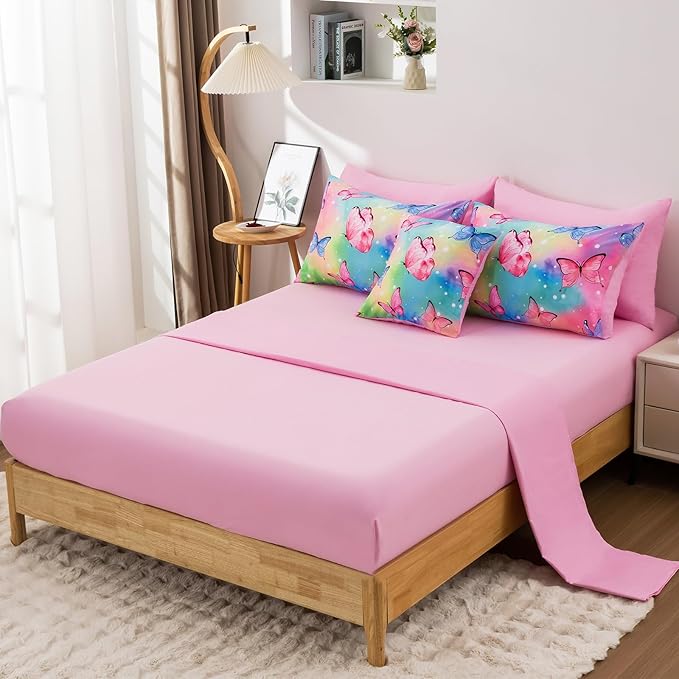 Butterfly Comforter Set Twin Size 6 Piece Bed in A Bag Colorful Flowers Leaves Bedding Set for Kids Teens Super Soft All Season - Rainbow