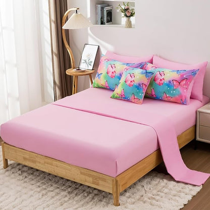 Butterfly Comforter Set Twin Size 6 Piece Bed in A Bag Colorful Flowers Leaves Bedding Set for Kids Teens Super Soft All Season - Rainbow