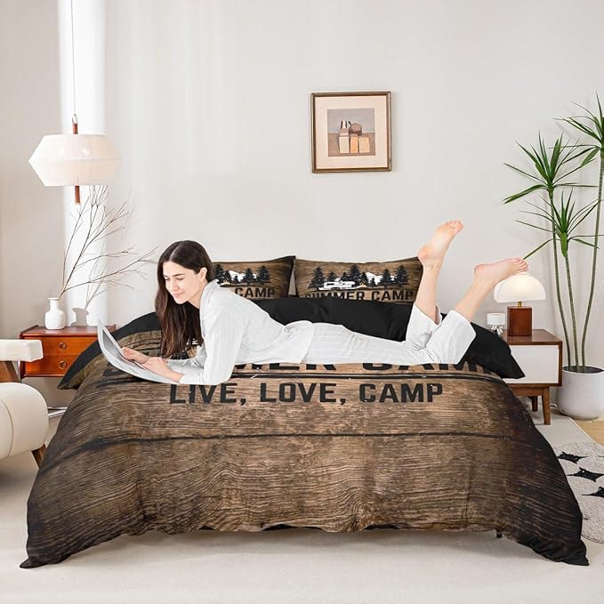 Happy Summer Camp Duvet Cover Set King Size,Rustic Farmhouse Camping Comforter Cover with 2 Pillowcases Bedspread,Retro Black Sketch Drawing Microfiber Quilt Cover for Adult Women,3pcs