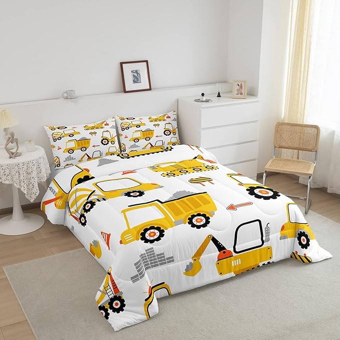 Feelyou Cartoon Car Comforter Set Kids Construction Comforter for Boys Equipment Trucks Bedding Set Breathable Cartoon Yellow Car Excavator Tractor Duvet Set Room Decor Quilt Set King Size
