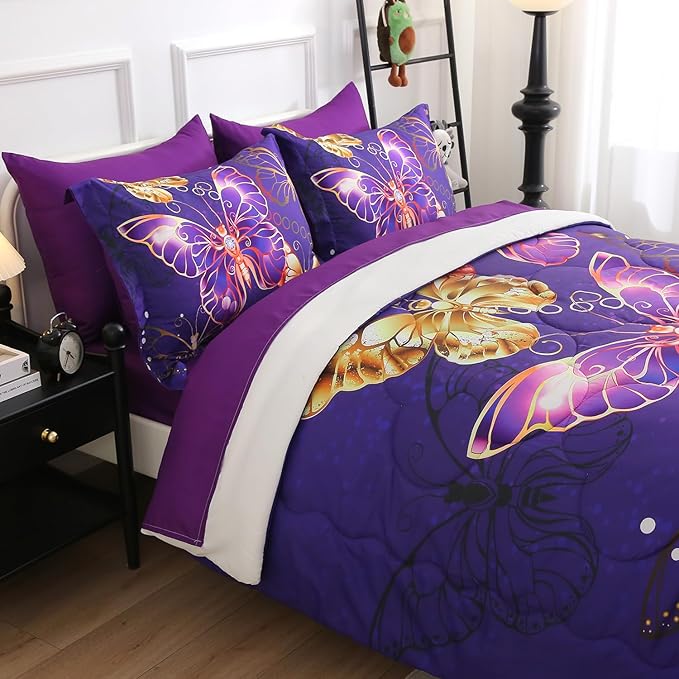 7 Piece Butterflies Comforter Set Twin Size 3D Gold Violet Butterflies Bedding Set for Kids Girls Women for Birthday Christmas Gift