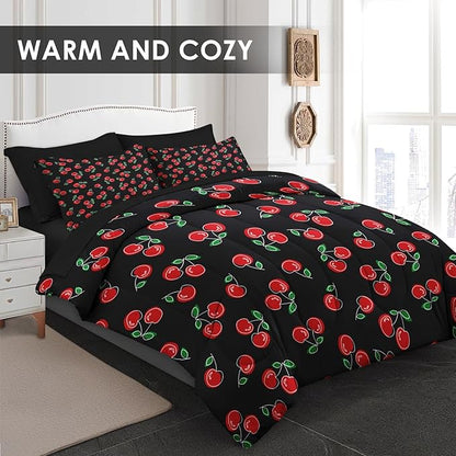 Nesker 7 Pcs Comforter Set Queen Size, Red and Black Bedding for Kids Teen, Cherry Fruit Bed Sheet with Pillowcase & Sham