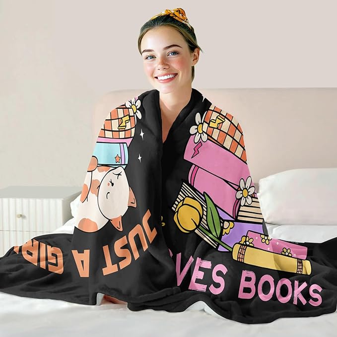 Cat Lover Blanket, Just A Girl Who Loves Books Blanket, Soft Warm Cozy Fleece Throw, Gifts for Girls Women Kids, 50"x60", Black