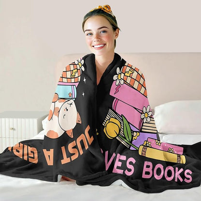Cat Lover Blanket, Just A Girl Who Loves Books Blanket, Soft Warm Cozy Fleece Throw, Gifts for Girls Women Kids, 50"x60", Black