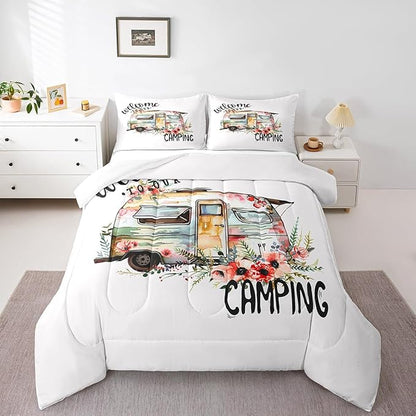 Camper Van Comforter Set Kids Farmhouse Rustic Happy Camping Bedding Set Queen Women Men Camper Floral Decor Comforter Ultra Soft Microfiber Nature Flower Quilted Set Bedroom Comforter Inner Fill