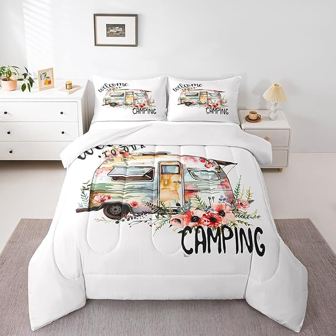 Feelyou Camper Van Comforter Set Kids Farmhouse Rustic Happy Camping Bedding Set Twin Women Men Camper Floral Decor Comforter Soft Nature Flower Quilt Boys