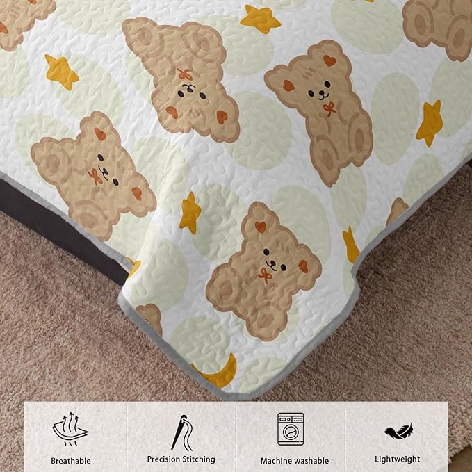 AILONEN Cute Bear Twin Size Quilted Bedspread Coverlet,Brown Teddy Bear Quilt Set 3Pcs,Soft Cartoon Animal Themed Bed Cover for Kids + 2 Pillowcases