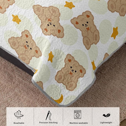 AILONEN Cute Bear Twin Size Quilted Bedspread Coverlet,Brown Teddy Bear Quilt Set 3Pcs,Soft Cartoon Animal Themed Bed Cover for Kids + 2 Pillowcases