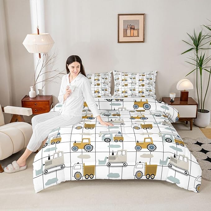 Feelyou Construction Truck Comforter Set Queen Size Kids Machinery Truck Excavators Vehicles Comforter for Boys Teens Cartoon Tractor Bedding Set Excavator Tractor Plaid Grid White Duvet Set Quilt Set