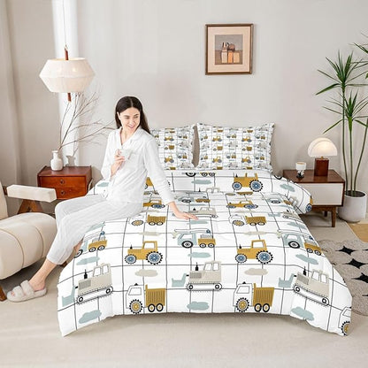 Feelyou Construction Truck Comforter Set King Size Kids Machinery Truck Excavators Vehicles Comforter for Boys Teens Cartoon Tractor Bedding Set Excavator Tractor Plaid Grid White Duvet Set Quilt Set