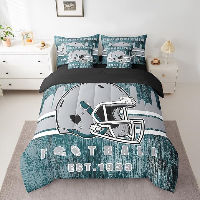 Erosebridal 7Pcs Boys Classic Football Seasonal Bedding Set Sports City Rugby Decor Bed in A Bag, Football Game Theme Comforter Sets with Sheets Grey and Turquoise Sports Helmet Bed Set Queen Size