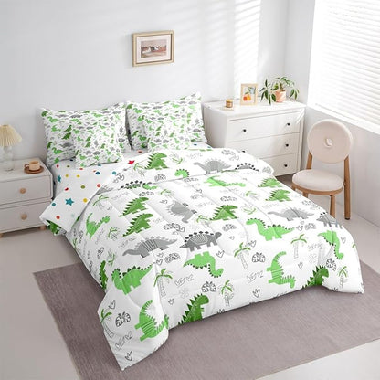 Feelyou Cute Dinosaur 7 Piece Bedding Set Bright Green Grey Dinosaur Comforter Set with Sheets for Kids Boys Girls Nutrue Palm Tree Bed in a Bag Animal Theme Bed Set Soft Lightweight