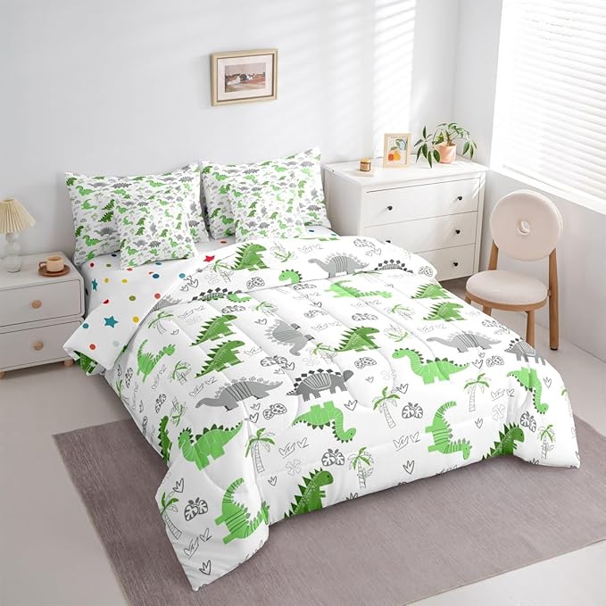 Feelyou Cute Dinosaur 7 Piece Bedding Set Bright Green Grey Dinosaur Comforter Set with Sheets for Kids Boys Girls Nutrue Palm Tree Bed in a Bag Animal Theme Bed Set Soft Lightweight