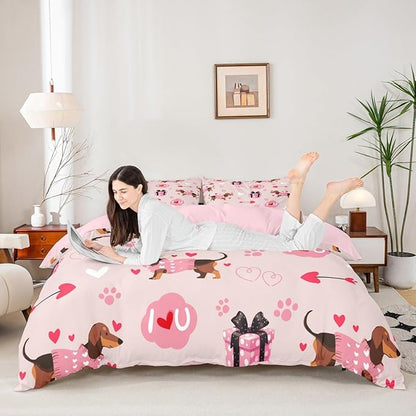 Cute Dachshund Duvet Cover Set Twin Size,Valentine's Day Bedding Sets 2Pcs for Kids Girls Boys Adult Room Decor,Pink Love Heart Print Comforter Cover Romantic Dog Paw Quilt Cover,1 Pillowcase
