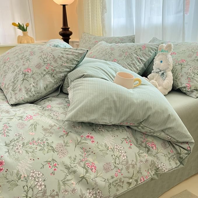 Duvet Cover Full 3Pcs Green Pink Floral Bedding Set for Girls Kids Botanical Flower Bedding Reversible Striped Pattern Soft Microfiber Sage Green Bedding with 2 Pillowcases(No Comforter)