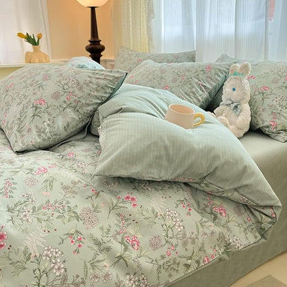 Duvet Cover Full 3Pcs Green Pink Floral Bedding Set for Girls Kids Botanical Flower Bedding Reversible Striped Pattern Soft Microfiber Sage Green Bedding with 2 Pillowcases(No Comforter)