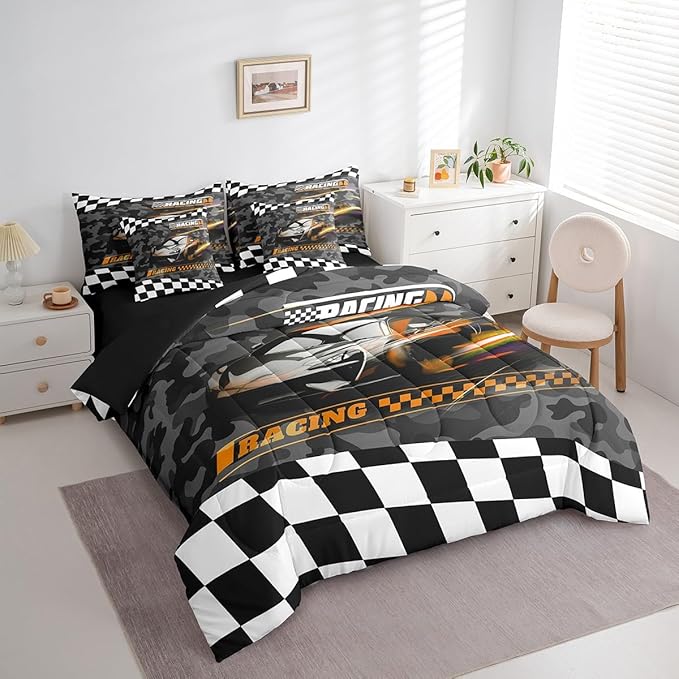 Feelyou Orange Racing Car 7 Piece Bedding Set King Size Kids Boys Speed Race Car Comforter Set with Sheets for Teens Toddler Extreme Sports Bed in a Bag Camouflage Bed Set