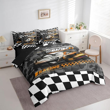 Feelyou Orange Racing Car 7 Piece Bedding Set King Size Kids Boys Speed Race Car Comforter Set with Sheets for Teens Toddler Extreme Sports Bed in a Bag Camouflage Bed Set