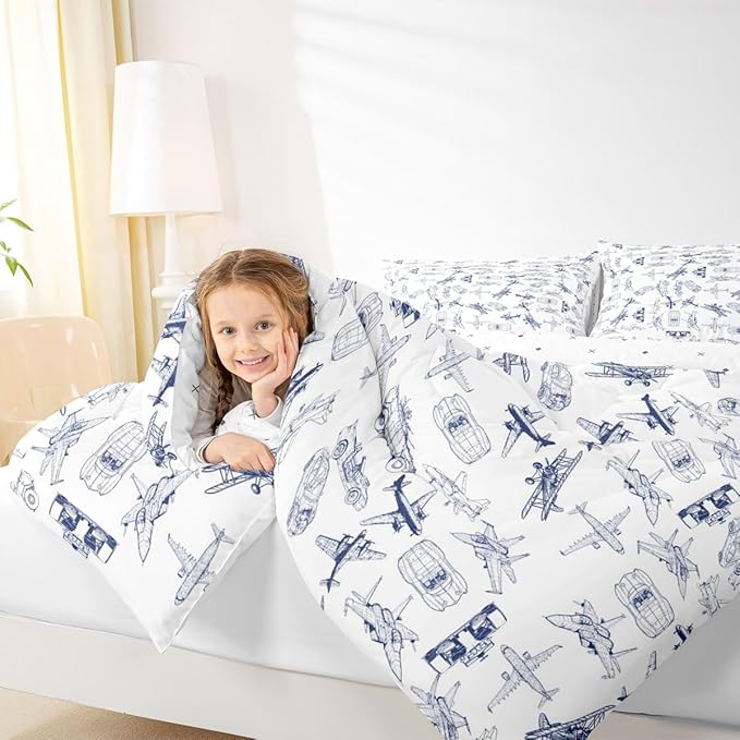 Feelyou Aircraft Bedding Set Kids Airplane Print Comforter Set Boys Girls Decor Aircraft Flying Comforter Cover Set Microfiber Sketch Style Blue White Duvet Set Bedroom Twin Size with 1 Pillow Case