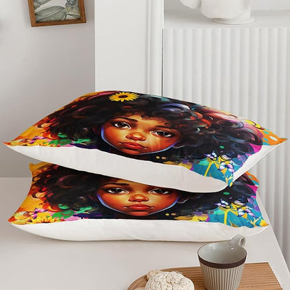 Black Girl Queen Size Comforter Set for Girls, African American Girl Bedroom Decor with Sunflower and Butterfly, 1 Comforter and 2 Pillowcases
