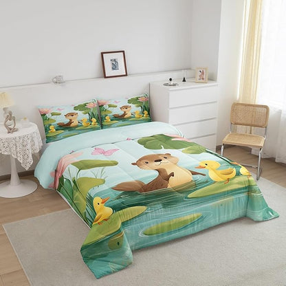 Cartoon Otter Kids Bedding Sets Cute Duck Pink Lotus Butterfly Comforter Set for Boys Girls Teens Lovely Wild Animal Rustic Style Comforter Duvet Set with 2 Pillowcases Full Size 3 Pcs