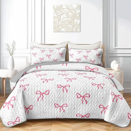 QOOMO Pink Bow Quilt Set King Size,Bowknot Bedspread Coverlet Set,Pink 3Pcs Bedding Set Printed Quilt with 2 Pillowcases,Soft and Lightweight,for All Seasons