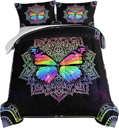 HOSIMA Butterfly Bedding for Girls,Mandala Bed in a Bag King Size Comforter Set - Colorful Butterfly Design,Galaxy Bedding Set,Microfiber Star Comforter with 2 Pillowcases,Dorm Room Essentials.
