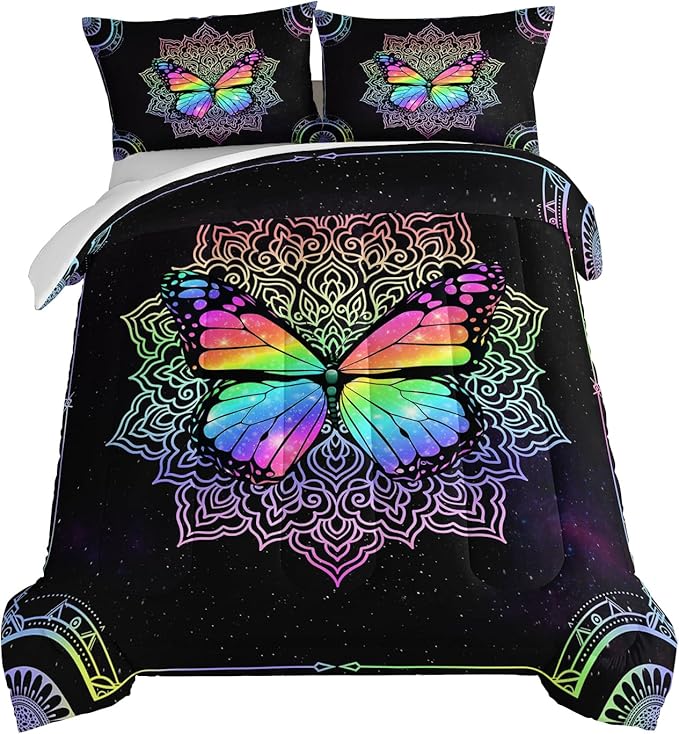 HOSIMA Butterfly Bedding for Girls,Mandala Full Size Bed in a Bag - Colorful Butterfly Design,Galaxy Bedding Set for Beds,Microfiber Star Comforter with 2 Pillowcases,Dorm Room Essentials.