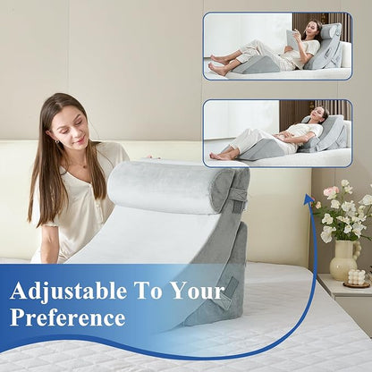 4PCS Orthopedic Bed Wedge Pillow Set, Post Surgery 45D Memory Foam for Back, Neck, and Leg Pain Relief Pleasing & Adjustable Support Pillows-Ease Acid Reflux & GRED with Better Sleep, Light Grey