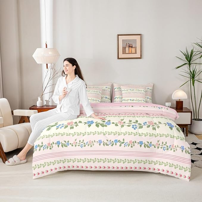 Feelyou Flower Twin Comforter Set with Sheets for Kids Boys Girls Spring Blossoms 7 Pieces Bedding Set Botanical Bed in a Bag Floral Room Decor Pink Green Soft Lightweight Microfiber