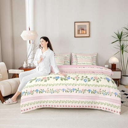 Feelyou Flower Twin Comforter Set with Sheets for Kids Boys Girls Spring Blossoms 7 Pieces Bedding Set Botanical Bed in a Bag Floral Room Decor Pink Green Soft Lightweight Microfiber