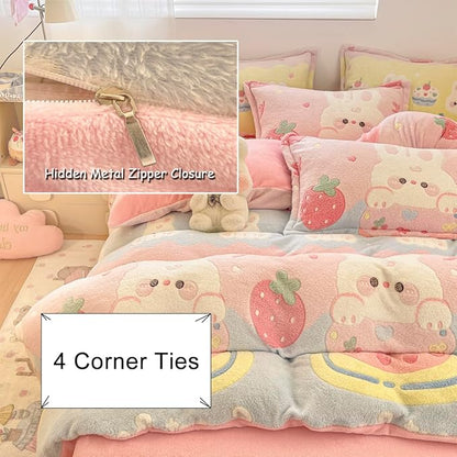 Twin Bedding Sets, Cute Bunny Pink Duvet Cover Set, Kawaii Cream Cake Fluffy Comforter Covers Ultra Soft for Girls Kids Women Teen(Cake, Twin)