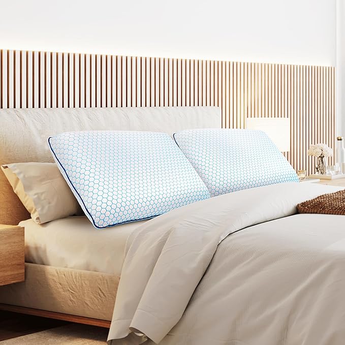 Memory Foam Pillows for Side, Back and Stomach Sleepers, Set of 2, Bed Pillow with Washable Cover and Breathable Mesh, Bed Pillow for Sleeping (Blue，Queen Size)