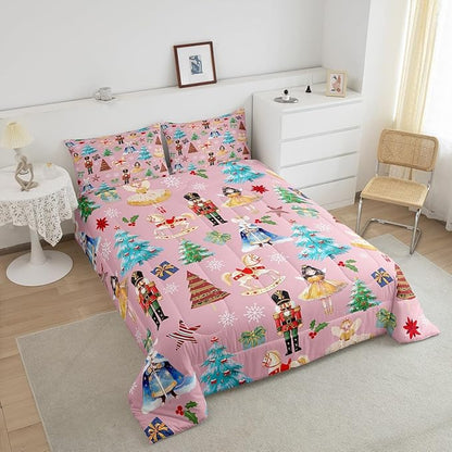 Erosebridal Full Christmas Comforter Set for Kids, Merry Christmas Nutcracker Bedding Set, Pink Reversible Bed Set with 2 Pillowcases