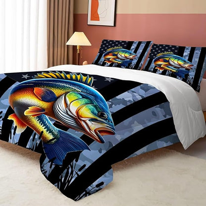 American Flag Comforter Set King Size Camouflage Bedding Set for Men Boys Teens Grey Fishing Lover Bedroom Fisherman Bass Fish Farmhouse Bed Set Wild Quilted, 1 Comforter 2 Pillowcases