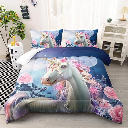 Kid Unicorn Comforter Set Full Size 3Pcs Moon Star Rose Pattern Quilt Balloon Bedding Set for Boys Girls with 1 Comforter and 2 Pillowcases