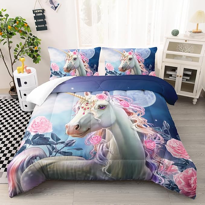 Kid Unicorn Comforter Set Twin Size 3Pcs Moon Star Rose Pattern Quilt Balloon Bedding Set for Boys Girls with 1 Comforter and 2 Pillowcases