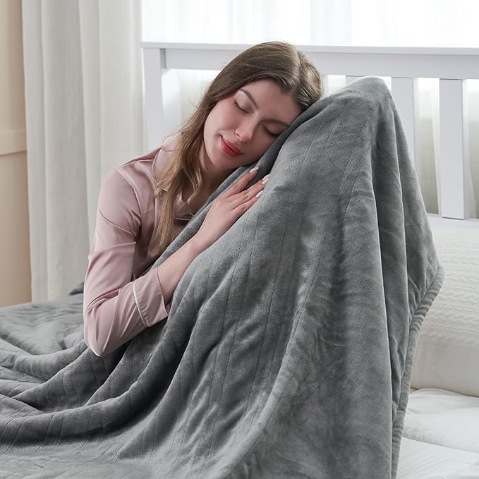 Heated Electric Blanket 62"x84" Twin Size Thickened Flannel and Sherpa with 6 Heating Levels & 10 Hours Auto-Off Overheating Protection-Light Gray