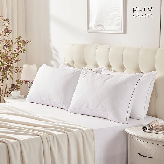 puredown® Goose Feathers and Down Pillow with Diamond Quilting with 100% Cotton Cover, Pack of 1, King Size