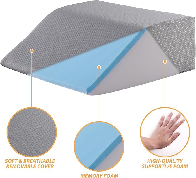 Bedluxe Leg Elevation Pillows, Leg Pillows for Sleeping, Cooling Gel Memory Foam Top, Wedge Pillow for Legs, Leg Wedges for Circulation, Swelling, After Surgery - Removable Cover (10 Inch, Grey)