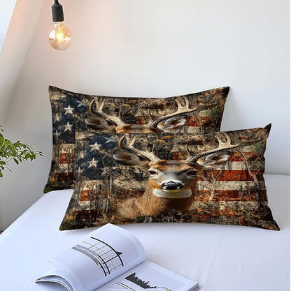 Deer Twin Duvet Cover Sets,Deer and American Flag Bedding Sets for Hunter Bedroom Decor, 1 Duvet Cover 2 Pillowcases Comforter Cover for Adult Teen boy,Twin