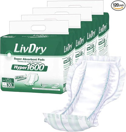 LivDry High Absorbency Pad Insert for Incontinence Briefs and Adult Diapers, Women and Men, Hyper 1600 (120 Count)