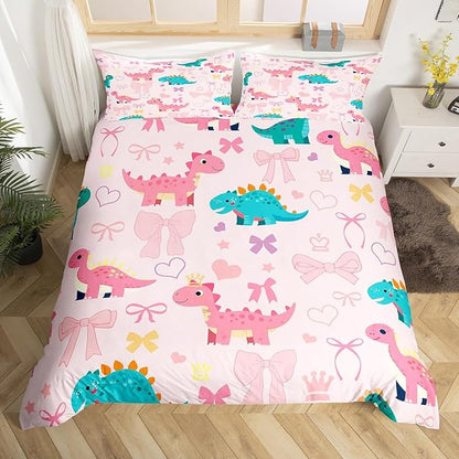 Cute Dino Duvet Cover Set Twin Size,Kawaii Bowknot Heart Princess Style Reversible Bedding Set Soft Bedroom Decor,Pink Dinosaur Bow Tie Cartoon Animal Polyester Quilt Cover (No Comforter), 2 Pcs