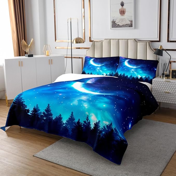 Erosebridal Kids Galaxy Starry Sky Bedspread, Natural Scenery Moon Quilted Twin Size, The Night Sky Bedding Set, Trees Coverlet Set for Kids Girls Teens Children Youth Teenager Juvenile
